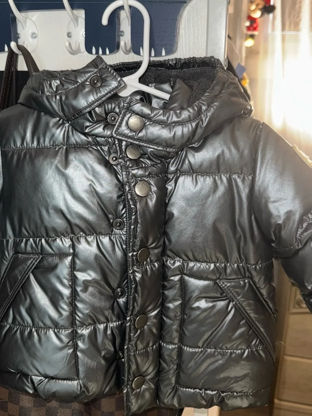 GAP Shiny Black Quilted Puffer with Hood